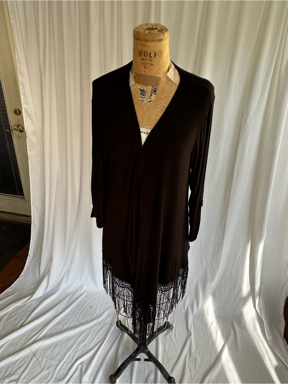 I.N. Studio Black Fringe Open-Front Tunic